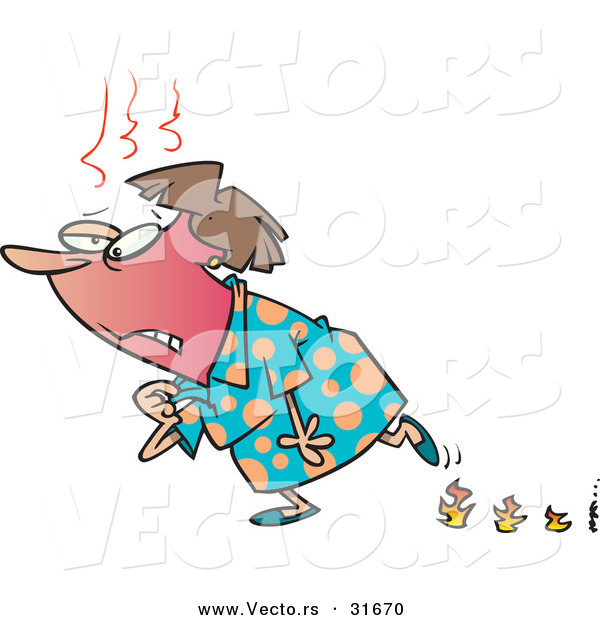 Vector of a Old Cartoon Woman Having Hot Flashes While Leaving a Path of Flames