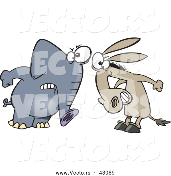 Vector of a Opposing Cartoon Democratic Donkey and Republican Elephant Staring at Each Other
