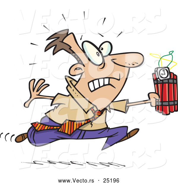 Vector of a Panicking Cartoon Businessman Running with Ticking Dynamite
