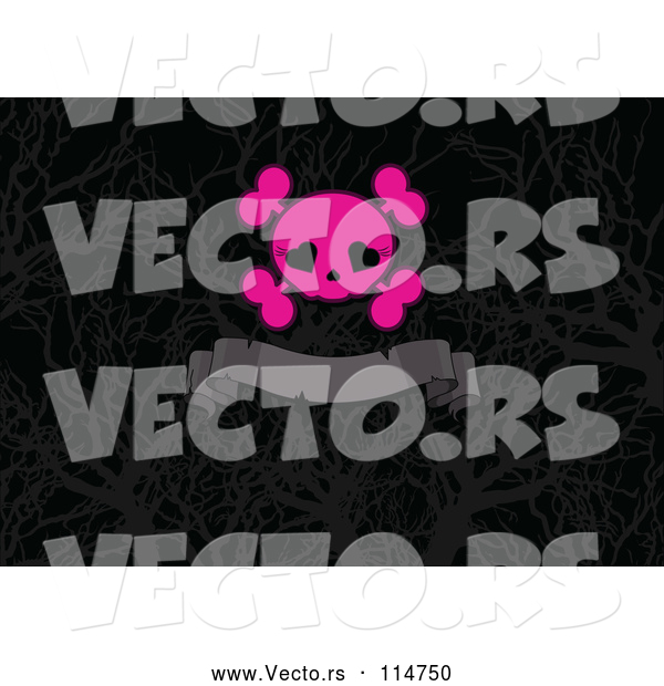 Vector of a Pink Girly Love Heart Eye Socket Skull and Crossbones over a Gray Ribbon Banner on Silhouetted Branches