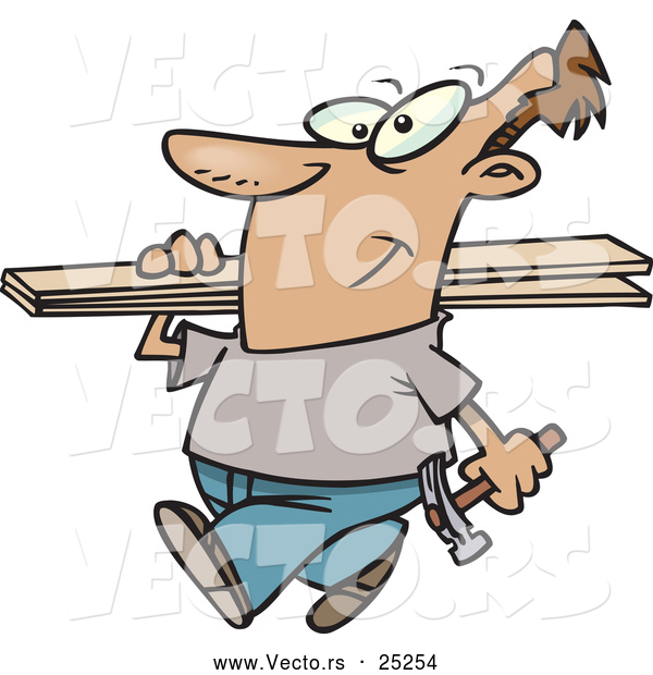 Vector of a Positive Cartoon Man Carrying a Hammer and Wood
