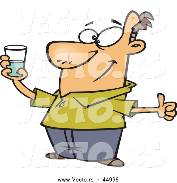 Vector of a Positive Cartoon Man Holding Glass Half Full of Water