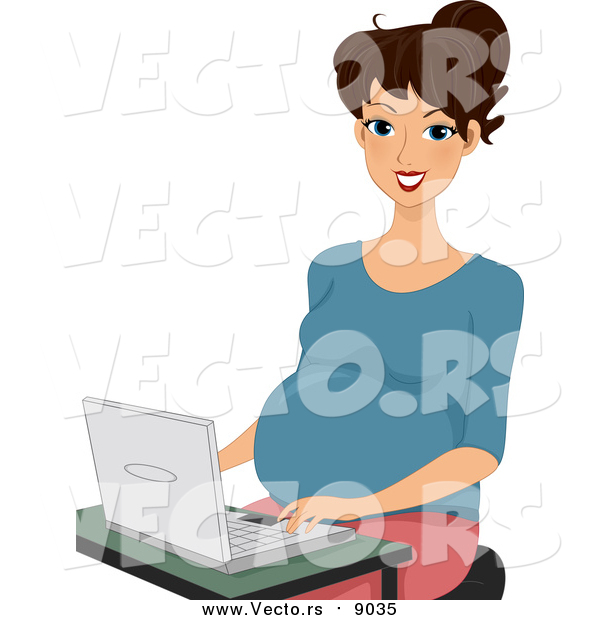 Vector of a Pregnant Happy White Woman Working on a Laptop