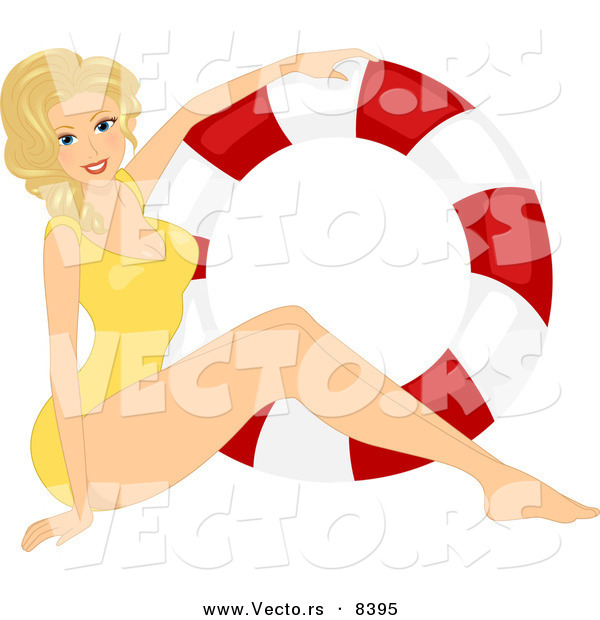 Vector of a Pretty Blond Pin-up Girl Wearing in a Swimsuit Beside a Life Buoy