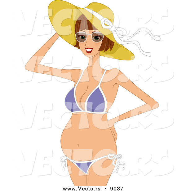Vector of a Pretty Cartoon Pregnant Girl Wearing Summer Hat and Bikini