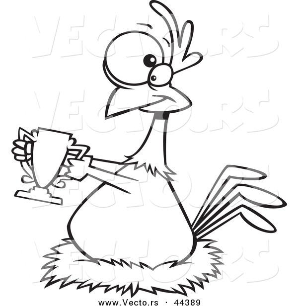 Vector of a Prized Cartoon Chicken Holding a Trophy - Coloring Page Outline