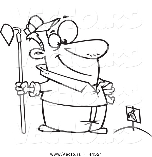 Vector of a Proud Cartoon Man Standing with a Hoe over Planted Carrots - Coloring Page Outline