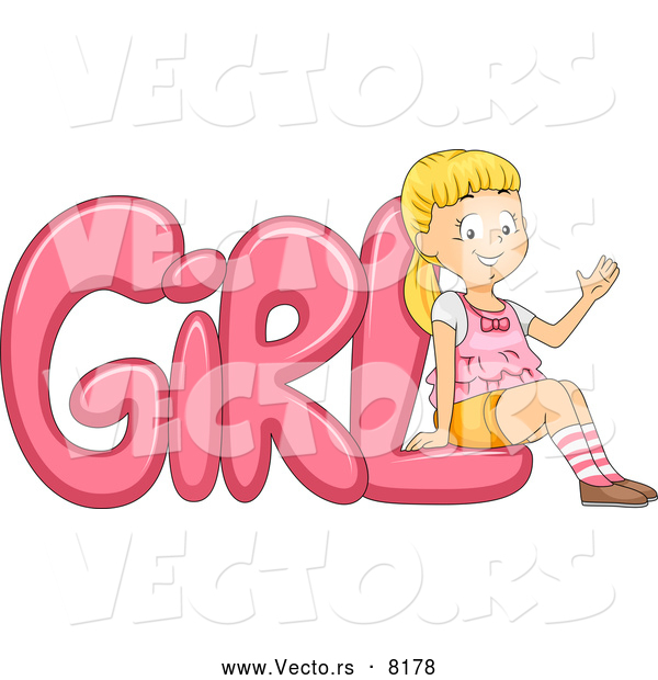 Vector of a Proud Cartoon School Girl Leaning Against the Word 'GiRL'