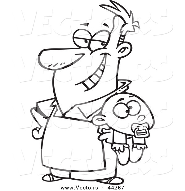 Vector of a Proud Cartoon Stay at Home Dad Holding a Baby - Coloring Page Outline