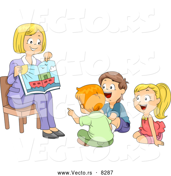 Vector of a Proud Cartoon Teacher Showing a Picture Book to Her Students