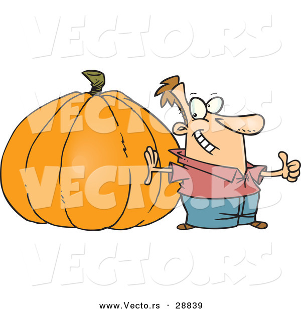 Vector of a Pround Cartoon Man Standing Beside a Giant Uncarved Halloween Pumpkin