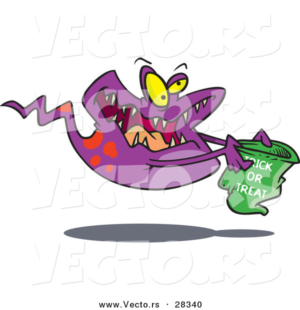 Vector of a Purple Cartoon Ghost Monster Trick-or-Treating for Halloween Candy
