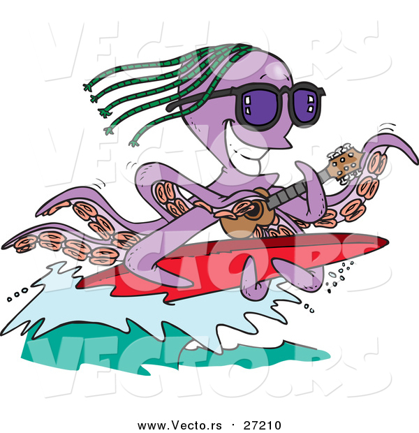 Vector of a Purple Octopus Playing a Banjo and Surfing