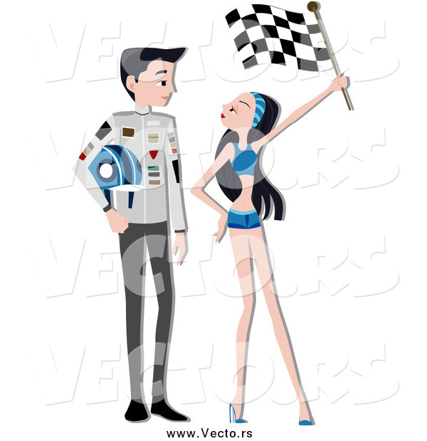 Vector of a Race Car Driver Flirting with a Flag Girl