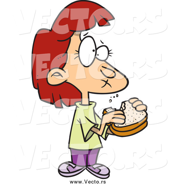 Vector of a Red Haired White Cartoon Girl Eating a Sandwich
