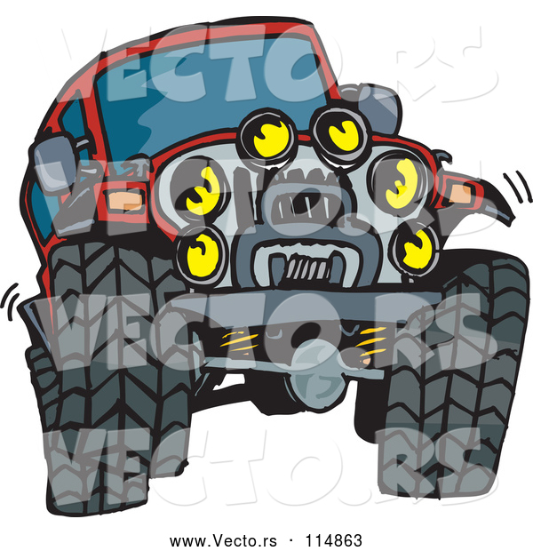 Vector of a Red Jeep Vehicle with Big Tires and Lots of Lights