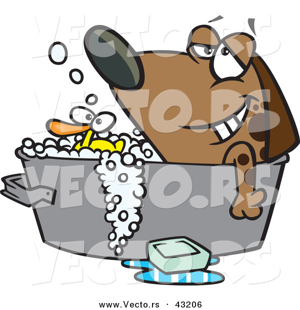 Vector of a Relaxed Cartoon Dog Bathing in a Tub with a Rubber Duck