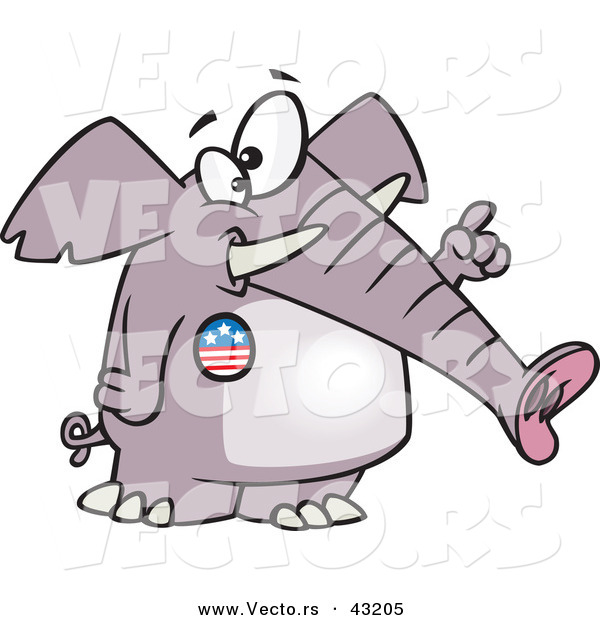 Vector of a Republican Cartoon Elephant Wearing an American Button While Pointing Number 1 Finger up