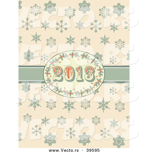 Vector of a Retro 2013 New Year Holly Frame and Ribbon over Snowflakes