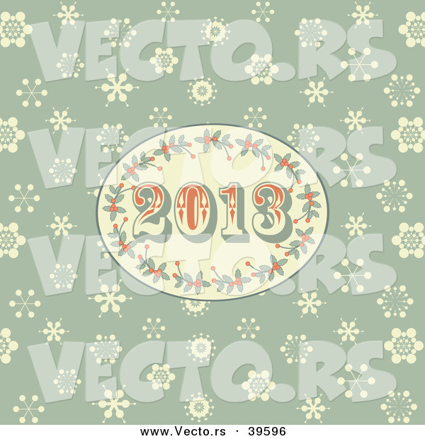 Vector of a Retro Styled 2013 New Year Holly Oval over Green Background with Snowflakes