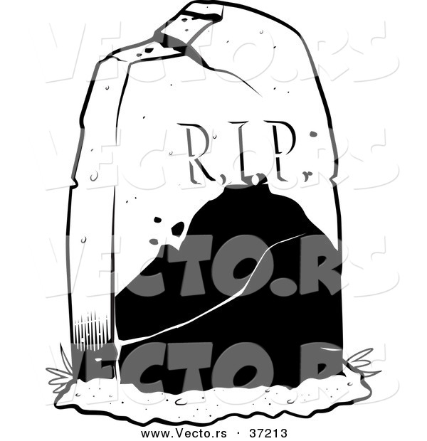Vector of a R.I.P. Tombstone in a Cemetery - Black and White Line Art
