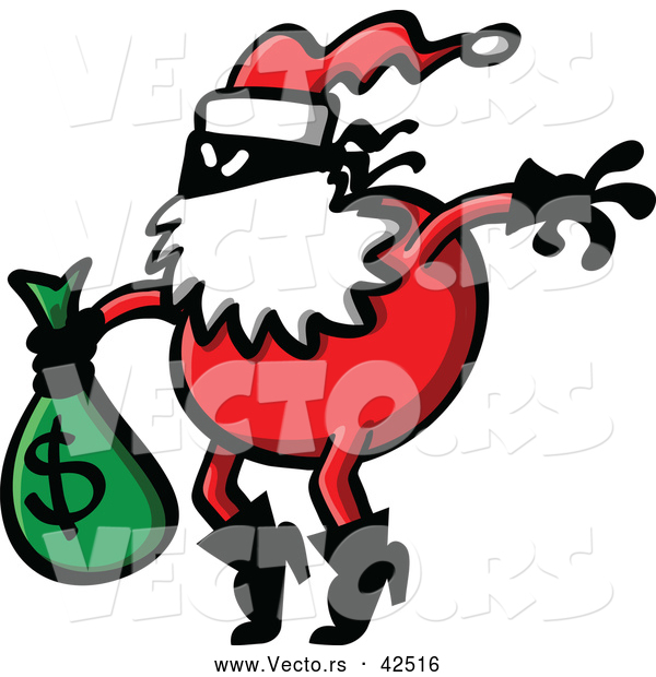 Vector of a Robber Cartoon Santa Carrying Bag Full of Stolen Money