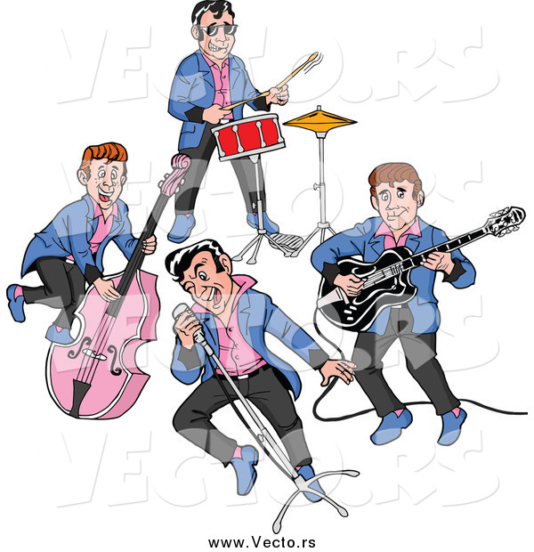 Vector of a Rockabilly Music Band of Guys Singing and Playing the Bass Drums and Guitar