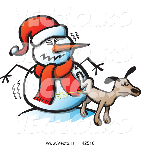Vector of a Rude Cartoon Dog Peeing on Upset Snowman Wearing Santa Hat