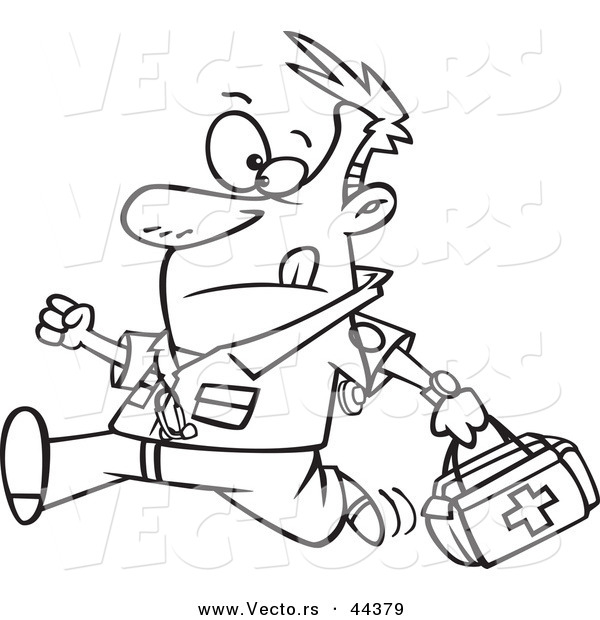 Vector of a Running Cartoon Male EMT with a First Aid Kit - Coloring Page Outline