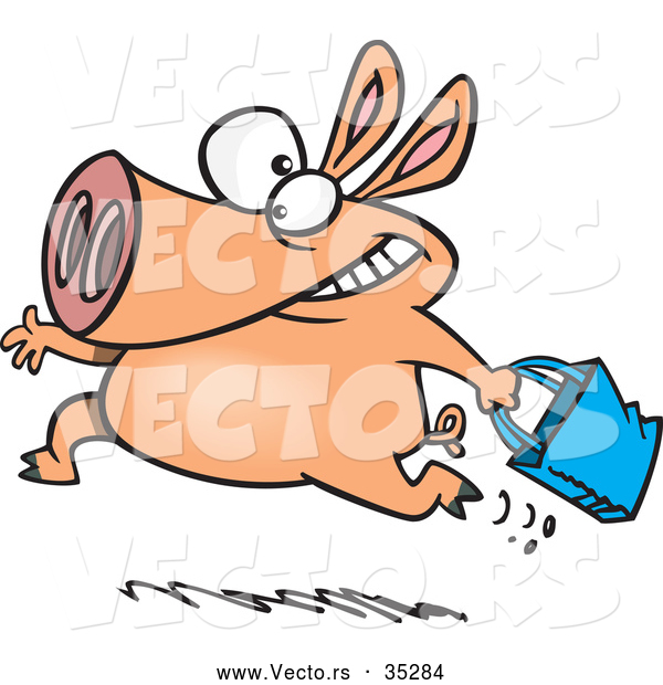 Vector of a Running Cartoon Pig Carrying a Shopping Bag