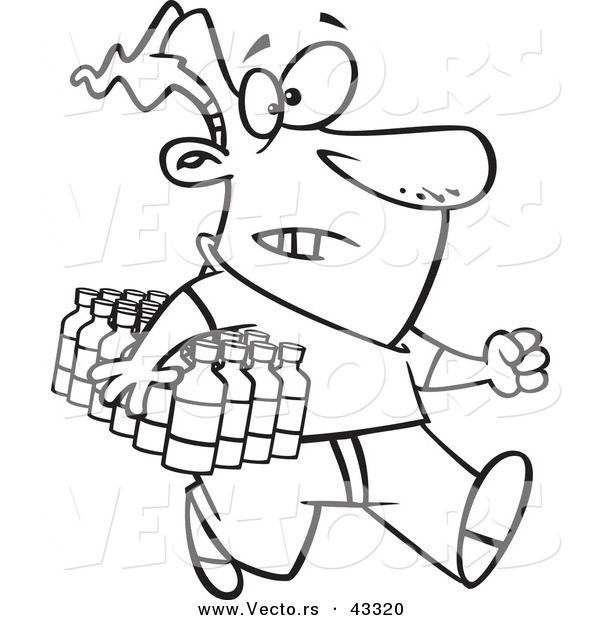 Vector of a Rushing Cartoon Man Carrying a Flat of Bottled Water - Coloring Page Outline