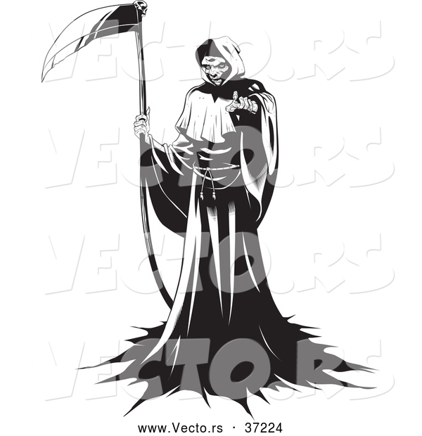 Vector of a Ruthless Grim Reaper Intimidatingly Standing with a Scythe While Pointing His Finger at You - Black and White