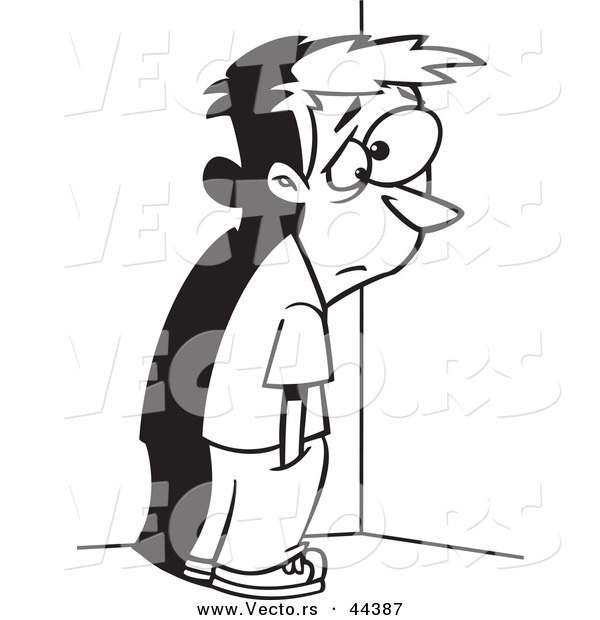 Vector of a Sad Cartoon Boy Standing in a Corner - Coloring Page Outline