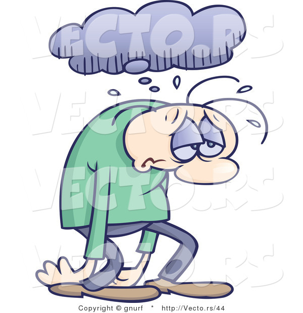 Vector of a Sad Cartoon Man Walking Under a Rain Cloud