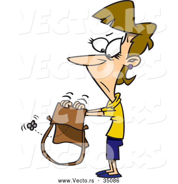 Vector of a Sad Cartoon Woman Looking for Money in Her Empty Purse