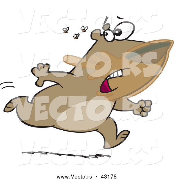 Vector of a Scared Cartoon Bear with Honey All over His Face Running from a Swarm of Bees