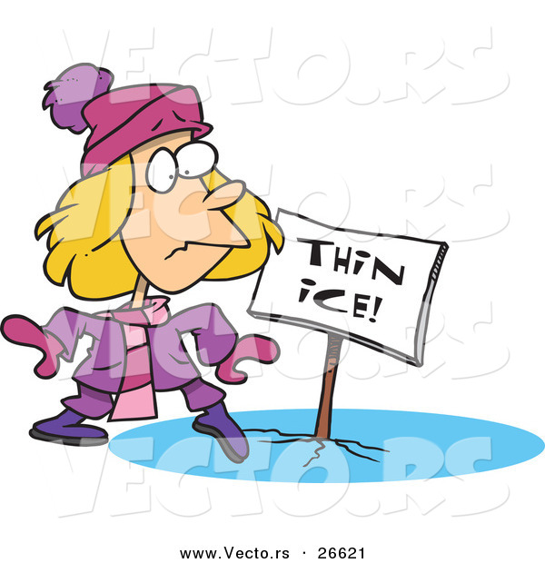 Vector of a Scared Cartoon Girl Trying to Walk Across Thin Ice