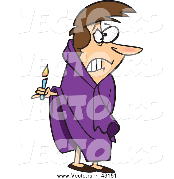 Vector of a Scared Cartoon Woman Holding a Lit Candle at Night in the Dark