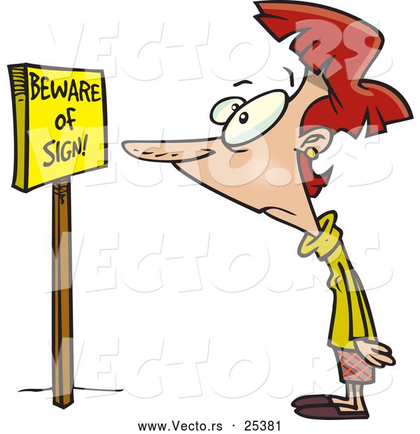 Vector of a Scared Cartoon Woman Reading "Beware of Sign" Sign
