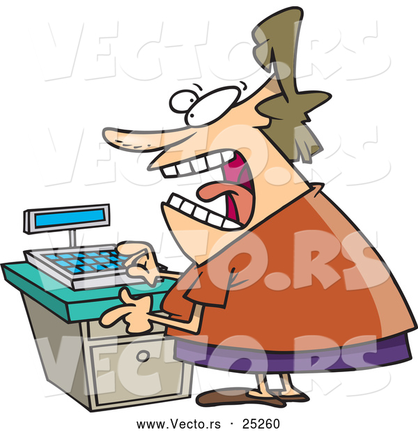 Vector of a Scared Female Cartoon Clerk Standing Beside Cash Register