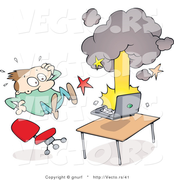 Vector of a Scared Man Jumping Back from Exploding Laptop Computer