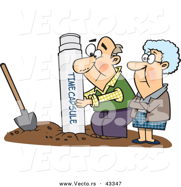 Vector of a Senior Cartoon Couple Unburying a Time Capsule