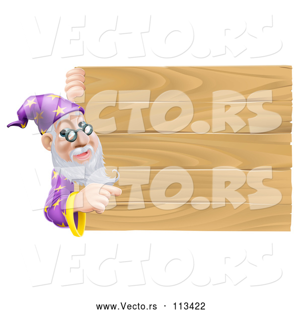 Vector of a Senior Wizard Man Pointing Around a Plank Wooden Sign