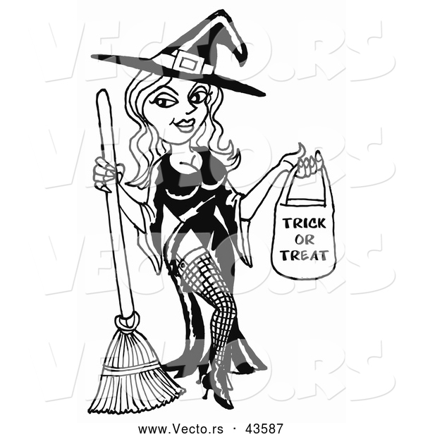 Vector of a Sexy Cartoon Halloween with Candy Bag and Broom Stick - Black and White