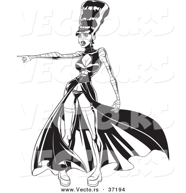 Vector of a Sexy Frankenstein Bride Pointing Towards Something - Black and White Line Art