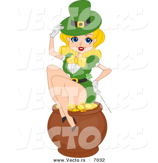 Vector of a Sexy St. Patrick's Day Pin-up Girl Sitting on a Lucky Pot of Gold