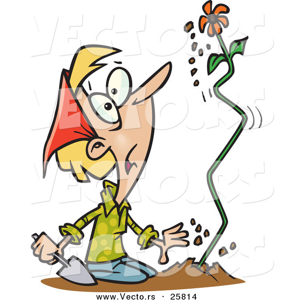 Vector of a Shocked Cartoon Female Gardener Watching a Flower Grow out of the Ground Fast