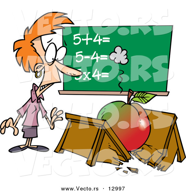 Vector of a Shocked Cartoon Teacher Looking at Broken Desk with Big Apple over It
