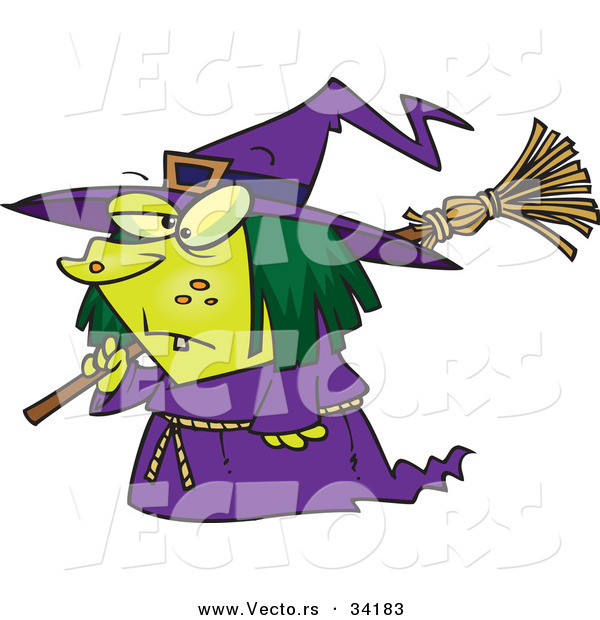 Vector of a Short Cartoon Witch Walking with Broomstick over Her Shoulder on Halloween