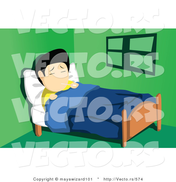 Vector of a Sick Asian Guy Resting in His Bedroom
